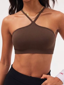 Female Seamless Cross <b>Neck</b> Yoga Bra Ribbed Knit Stretch Athletic Top <b>Padded</b> Low Impact Activewear Tank Top Fitness Wear - Product Image 5