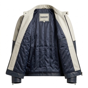 Chaqueta de Cuero Personalizada para Hombre, Color Crema y Azul Marino, Estilo Motero, Cuello Alto, Prenda Exterior de Cuero Vacuno Genuino, Exportador - Product Image 5