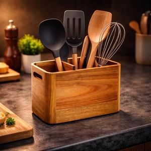 Acacia Wood Utensil Holder, Rustic <b>Kitchen</b> Cutlery Organizer, Wall Mount <b>Caddy</b> - Product Image 4