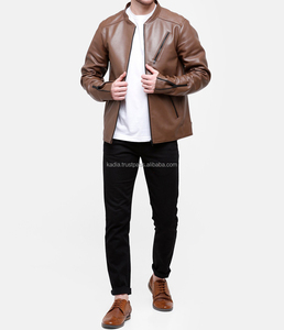 Veste contrastée en cuir denim Nouvelle veste en cuir à la mode 100% cuir véritable Panneau coupé et cousu Wash Denim - Product Image 5