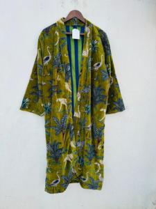 Kimono unisexe en velours, robe longue en coton, manches longues, col en V, fermeture à cordon, style classique, tissu tissé doux, motif floral - Product Image 3