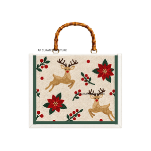 Hand Embroidered Christmas Tote <b>Bag</b> with Santa Boat Bamboo Handle Winter Holiday Shopping <b>Bag</b> customized women <b>bag</b> - Product Image 4