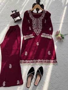 Wholesale TENNECY Slub Rayon 2 Piece Reversible Wrinkle-Free Quick Dry Suit Set Thread Work Fancy Lace Diwali Wedding Party - Product Image 5