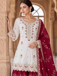 Traditional Indian Pakistani Wedding <b>Lehenga</b> Set <b>Women</b> Maroon White Embroidered Pure Chinon Slik Floor-Length Dress Stretchable - Product Image 4