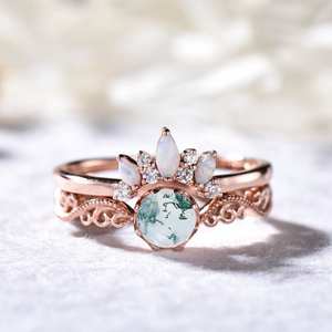 Natural Moss Agate Engagement Ring Set Opal Stackable Vintage Bridal Ring 925 <b>Silver</b> 14k Rose Gold Plated - Product Image 1