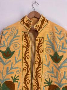 <b>Women</b> Yellow Cotton <b>Embroidered</b> Suzani <b>Jacket</b> With Floral Pattern Full Sleeve Stand Collar Handmade Bohemian Winter Outerwear - Product Image 4