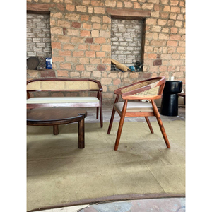 Mid-Century Modern Solid Acacia Wood Living Room <b>Set</b> | Handcrafted 2-Seater Rattan <b>Bench</b> & Round Coffee <b>Table</b> | japandi <b>table</b> - Product Image 2