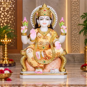 Estatua de la Diosa Lakshmi en Mármol |   Diosa Lakshmi de Cuatro Brazos con Flores de Loto por MALIYAS Jaipur - Product Image 4