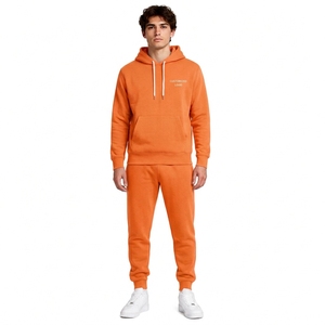 Ensemble de survêtement décontracté pour homme, orange, à capuche, léger, 100 % coton, manches longues, couleur unie, avec logo frontal, coupe classique - Product Image 1