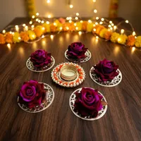 Ensemble de bougeoirs artisanaux en forme de rose et de perle avec plateau floral argenté pour Diwali, mariage, festival, Puja, décoration intérieure