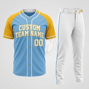 Custom Baseball Uniforms Light Blue Yellow Raglan Jersey <b>White</b> <b>Pants</b> <b>Men</b> Adult Polyester Breathable Oem Service - Product Image 1
