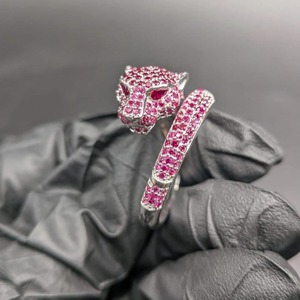 Anillo de Cabeza de Leopardo con Rubí Rosa, Plata 925, Chapado en Oro Blanco de 14K, Anillo de Joyería de Moda Hip Hop de Lujo para Hombre - Product Image 2