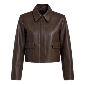 Chaqueta Bomber de Cuero Genuino Marrón Personalizada para Mujer, Cuello Camisero, Cierre de Cremallera, Manga Larga, Estilo Minimalista - Product Image 1