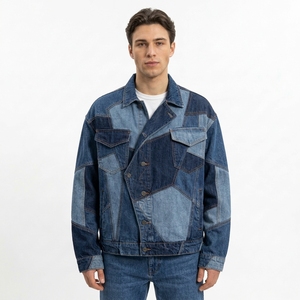 Veste en jean dégradé teint par immersion pour homme, bleu clair, délavé, en coton, col ouvert, respirante et confortable - Product Image 4