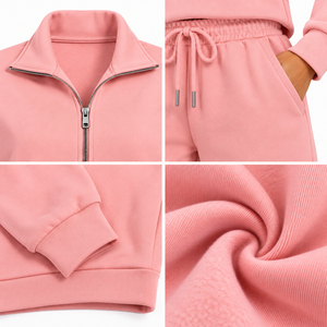 Conjunto de Sudadera y Pantalones de Chándal Personalizados para Mujer, 2 Piezas, Sudadera Corta con Media Cremallera, Pantalones de Chándal de Pierna Ancha, Conjunto Combinado de Felpa, Venta al por Mayor OEM - Product Image 3