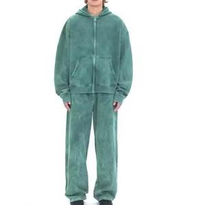 Ensemble de survêtement complet en coton épais 100 %, style rétro délavé à l'acide, comprenant un sweat à capuche oversize et un pantalon de survêtement évasé, conçu pour le streetwear haut de gamme - Product Image 4