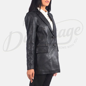 Chaqueta Blazer de Cuero Genuino Negro para Mujer, Corte Entallado, Piel de Oveja Premium, Dos Botones, Formal, Casual, de Negocios, Abrigo Largo - Product Image 5