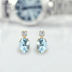 Pendientes de Oro Sólido de 14k con Aguamarina y Diamantes de Corte Ovalado de 7x5mm, Fabricante Asiático, Proveedor Verificado - Product Image 4