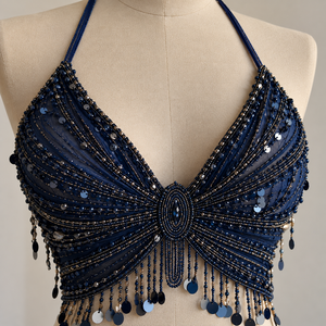 <b>Blue</b> Beaded Halter Tank <b>Top</b> <b>Sequin</b> Fringe Crop Camisole for Festival Beach Dance - Product Image 2