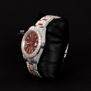 Montre de luxe pour homme, entièrement sertie de diamants Moissanite, cadran marron, acier inoxydable rose, style Hip Hop Bling - Product Image 4