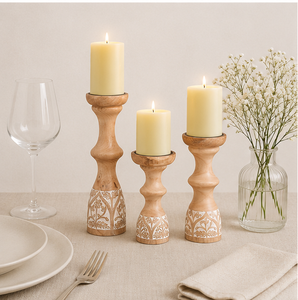 Handcrafted Mango Wood Pillar Candle Holders Set Of 3 Vintage Rustic Floral Carved Candlesticks For Home Decor And Wedding Table - Product Image 4