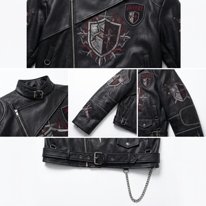 Chaqueta de Motociclista de Cuero con Cuello Alto, Diseño de Escudo Bordado, Detalle de Cadena, Estilo Motero, para Hombre, Otoño - Product Image 6