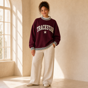 Burgundy Navy Check Trackstar Women's Mock Neck Sweatshirt Ivory Letter <b>Star</b> Custom Logo Private Label Wholesale Pullover - Product Image 1
