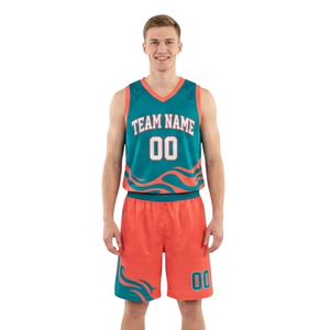 Ensemble maillot et short de basket-ball pour homme, col en V, sans manches, imprimé vagues, uniforme personnalisable avec nom et numéro, tenue de basket-ball pour adulte - Product Image 1