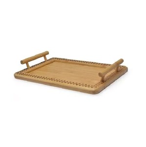 Bandeja rectangular de madera de color mate con asas de hoja plateada, diseño retro con patrón de plantas hecho a mano, para decoración de fiestas. - Product Image 3