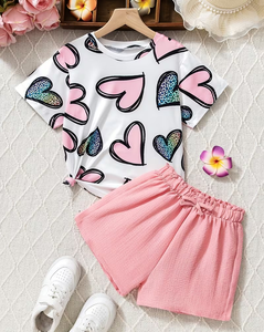 Girls 2Pcs Set Short Sleeve Floral Print Top Pink Shorts Comfortable Casual Wear Medium Stretch Breathable - Product Image 1