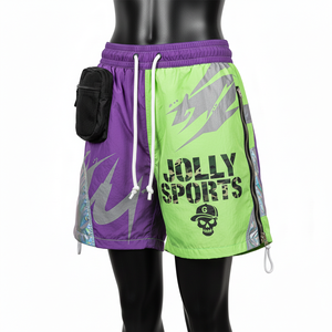 Shorts cortavientos de poliéster taslan premium de 135 GSM, morados con paneles verdes, bolsillos cargo de malla, sublimación, logotipo personalizado, shorts para mujer - Product Image 5