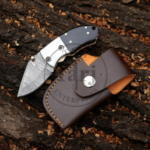 Couteau pliant Damas de qualité industrielle TARJ ENTERPRISES, manche en corne noire, fait main, couteau de poche utilitaire EDC pour l'extérieur - Product Image 1