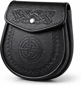 Sporrán escocés de cuero negro con diseño de nudo celta y cadena para usar con kilt, Sporrán de cuero genuino de alta calidad. - Product Image 2