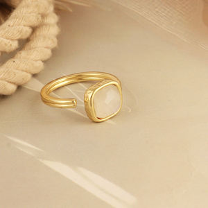 Natural Iridescent Moonstone Cushion Stone Resizable <b>Ring</b> 18k Gold Plated Modern Bezel Set Brass Minimalist Everyday Fashion - Product Image 4