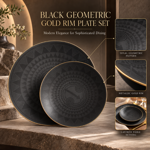 Platos de Cena Geométricos Negros con Borde Dorado, Juego de Vajilla Moderna de Lujo con Patrón Texturizado para una Cena Elegante |   Juegos de Platos Premium - Product Image 5
