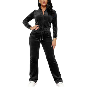 Sweatsuit With Hooded Jacket And Relaxed <b>Pants</b> Warm Plush Fabric Two Kangaroo Pockets Velour Crop Top Tracksuit - Product Image 1