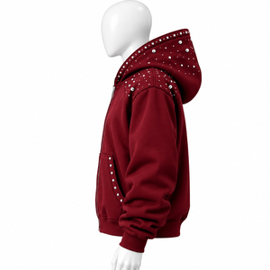 Sweat-shirt à capuche zippé pour homme, couleur bordeaux, manches longues, en polaire, style décontracté, prix bas, vente en gros, OEM personnalisé - Product Image 6