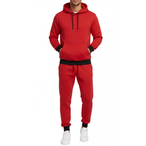 Chándal rojo para hombre de alta demanda con ribete en contraste negro |    Conjunto de Sudadera con Capucha y Pantalones |    Ropa Deportiva para Hombre - Product Image 1