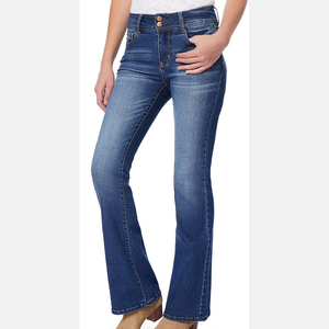 Distress Blue Washed Women Jeans <b>Pants</b> High Quality Flare Bottom Mid Waist Women's Denim <b>Pants</b> With OEM ODM Service - Product Image 1