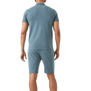 Ensemble 2 pièces bleu pour homme : Polo à manches courtes zippé et short – Tenue streetwear d'été personnalisable avec logo – Dernier style respirant - Product Image 4