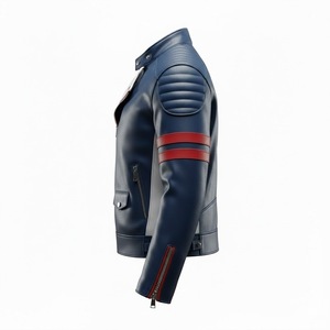 Chaqueta Varsity Unisex de Cuero PU, Cortavientos, con Bloques de Color, Cuello Camisero, Cierre de Cremallera, Diseño Rojo, Azul y Blanco, Corte Ajustado, para Invierno - Product Image 3