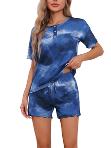 Ensemble 2 pièces tricoté tie-dye pour femme, haut boutonné à col rond et short à cordon de serrage, respirant, décontracté, pour le printemps et l'été - Product Image 5