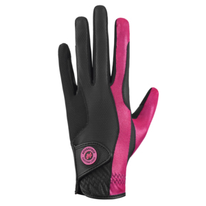 Gants d'équitation professionnels noir et rose, dernier modèle, en cuir synthétique Serino, avec patch logo pour la personnalisation et la ventilation. - Product Image 1