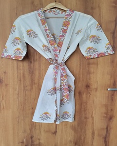 <b>White</b>-Colour Printed Kimono <b>Robe</b> Cotton Floral Hand Block Print Breathable Long Sleeve Nightwear Size Available - Product Image 1