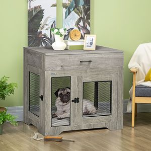 Luxury Stylish Gray Dog <b>Crate</b> Furniture XL Rectangle Cushion End Table with Drawer and Doors for Small Dogs - Product Image 2