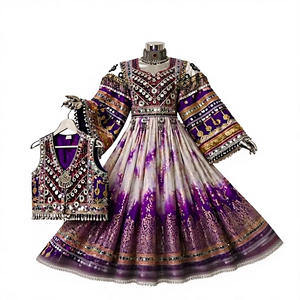 Purple Afghani <b>Dress</b> Mirror Koti Vest Traditional Kuchi Long Sleeve Lace Button Women Casual Flared Afghan Frock - Product Image 1