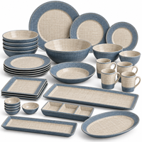 Service de table en mélamine tissée bleu beige avec saladiers, assiettes, tasses et plateaux rectangulaires pour service de table