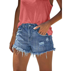 Bermuda Distressed Denim Shorts Women Knee Length High <b>Waist</b> Ripped Raw Hem Summer Long <b>Jean</b> Bottoms - Product Image 1