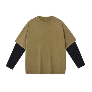 เสื้อเชิ้ตแขนยาวคอกลมทรงโอเวอร์ไซส์สองชั้น สีเขียวมะกอกดำ ล้างสีแบบแอซิดวอช คุณภาพสูงระดับมืออาชีพ ผลิตจากผ้าฝ้ายสำหรับผู้ชาย - Product Image 1