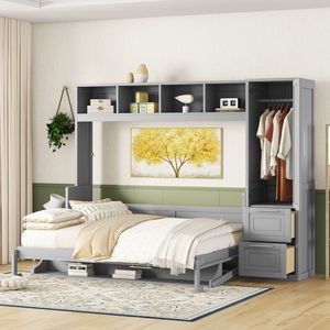 Lit Murphy gris taille Queen avec placard et tiroirs, design lit mural - Product Image 1